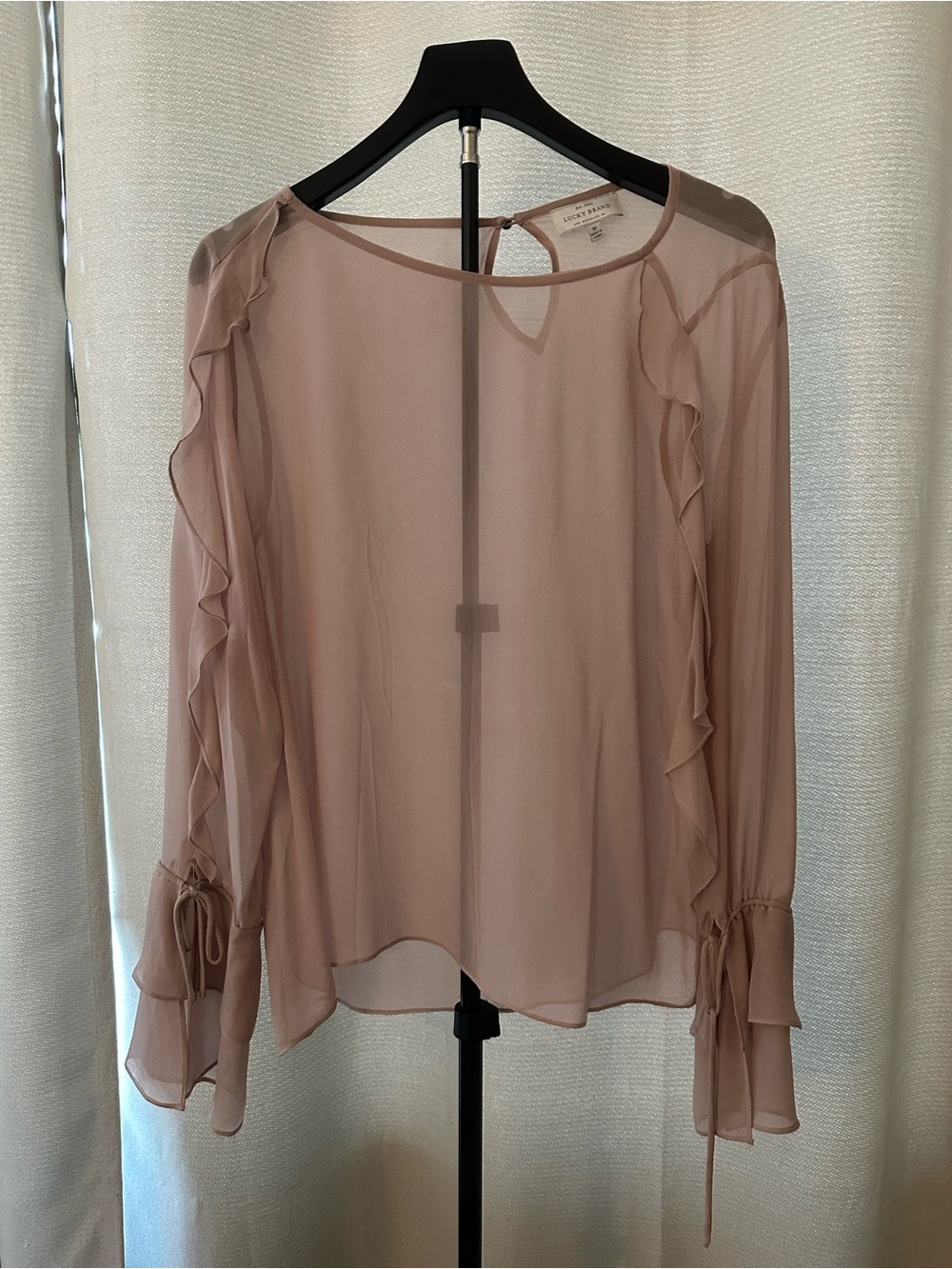 Lucky Brand Blush Pink Ruffle-Sleeve Sheer Blouse